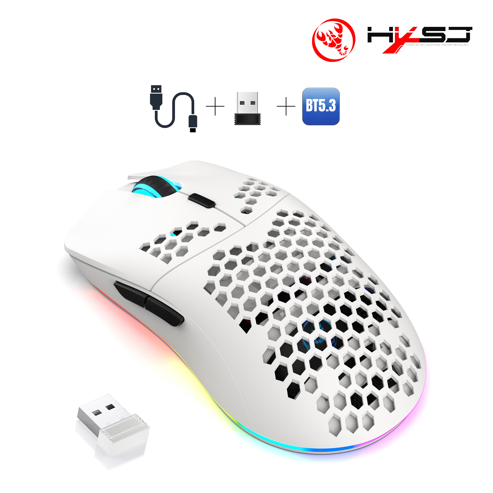 Souris sans fil de jeu HXSJ T66 à 3 modes, 10000 DPI, RGB lumineuse, rechargeable 650 mAh, 6 boutons programmables macro pour PC de bureau