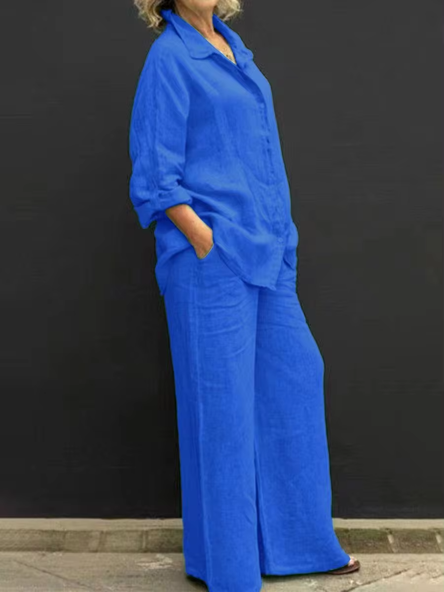 Set due pezzi con risvolto in lino autunno vintage tinta unita camicia a maniche lunghe con bottoni camicetta donna pantaloni dritti larghi casual
