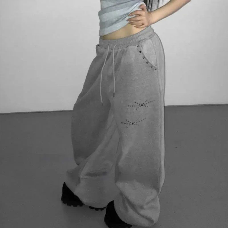 MEXZT Y2K Rivet Sweatpants Women Streetwear Fleece Black Baggy Joggers Harajuku Hip Hop Wide Leg Pants Fashion Casual Trousers