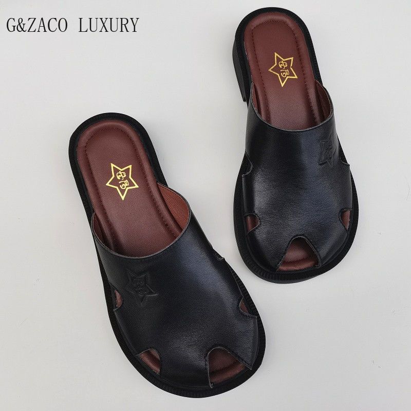 Genuine leather wide toe cool slippers outdoor close toe shoes women's cowhide soft-soled mule slippers