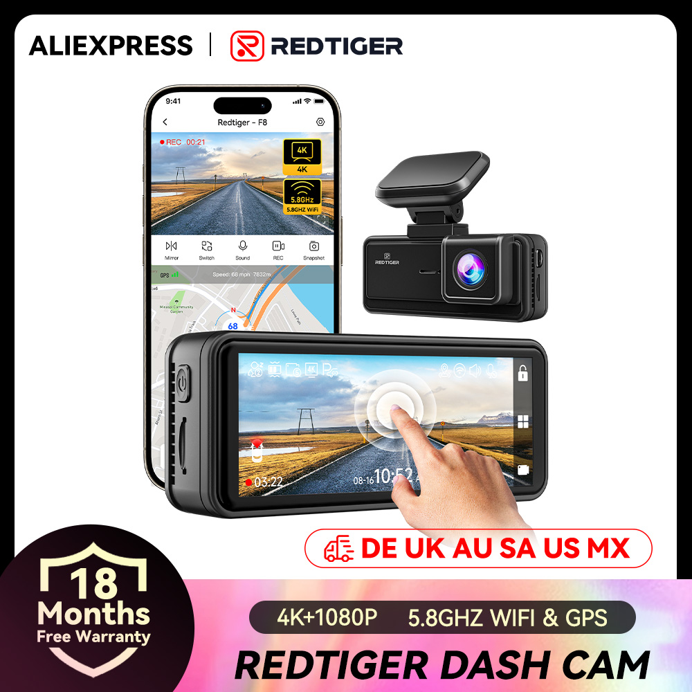 REDTIGER F8 Dashcam HD 4K mit Integriertem GPS, 70° Sichtfeld, Auto-DVR, 5G WLAN, App-Steuerung, Müdigkeits-Erinnerung und Nachtsicht