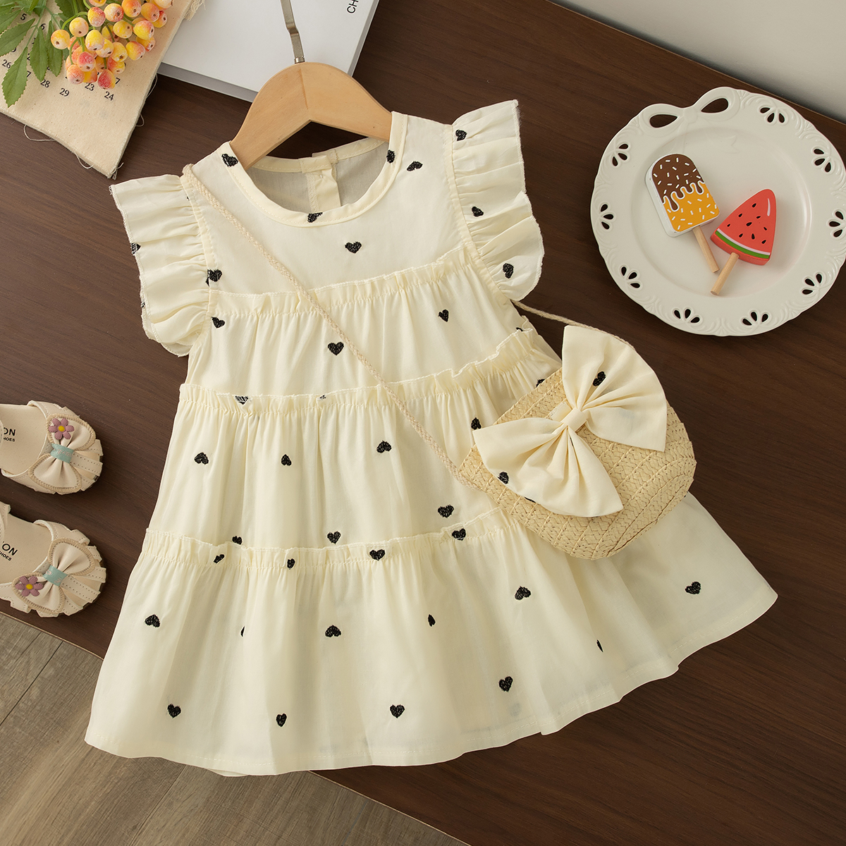 Nuovo vestito estivo per bambina, carino e fresco, dolce abbigliamento per bambini + borsa con fiocco (da 6 mesi a 3 anni)