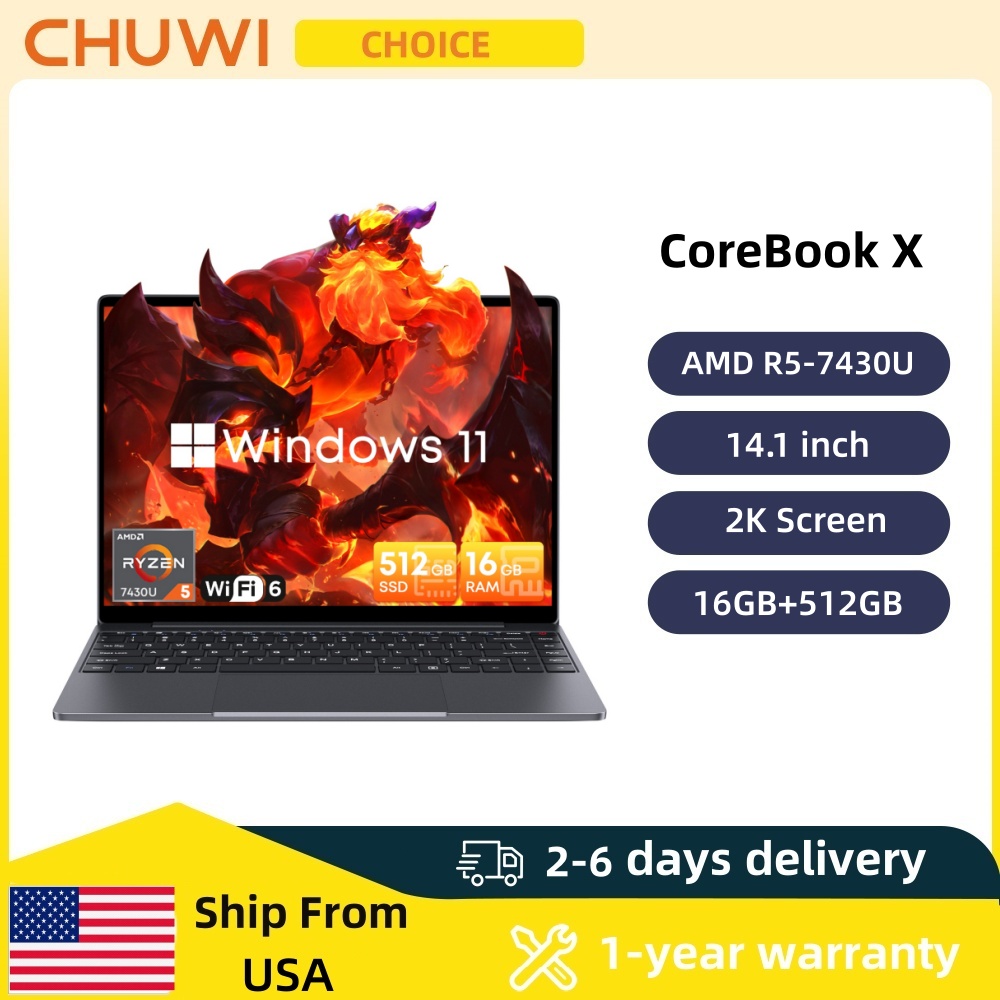 CHUWI CoreBook X ゲーミングノートパソコン 14.1インチ 2K IPSスクリーン AMD R5-7430U 16GB DDR4 RAM 512GB SSD Windows 11 Wifi6 ノートパソコン