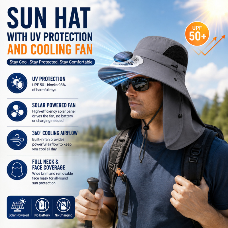 Topi Kipas Tenaga Surya yang Dapat Diisi Ulang, Topi Matahari Tahan UV, Topi Nelayan Pelindung Sinar Matahari untuk Berkemah, Memancing, dan Mendaki di Luar Ruangan