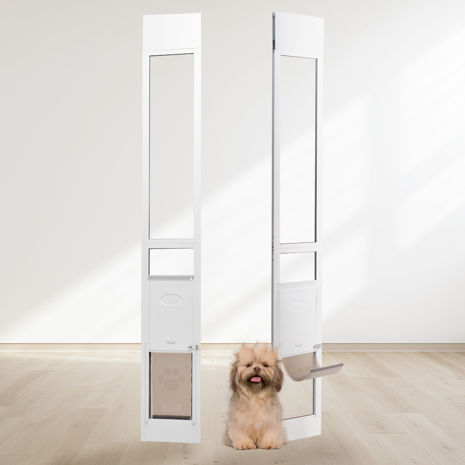 SucceBuy Porta de vidro deslizante para cães, altura ajustável, porta deslizante para cães, estrutura de alumínio, vidro temperado, porta para animais de estimação