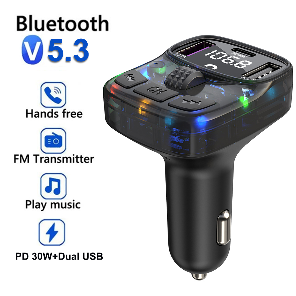 Автомобильное зарядное устройство 30 Вт PD Type C с двумя USB-портами, быстрая автомобильная зарядка окружающего света, Bluetooth 5,3, автомобильное зарядное устройство
