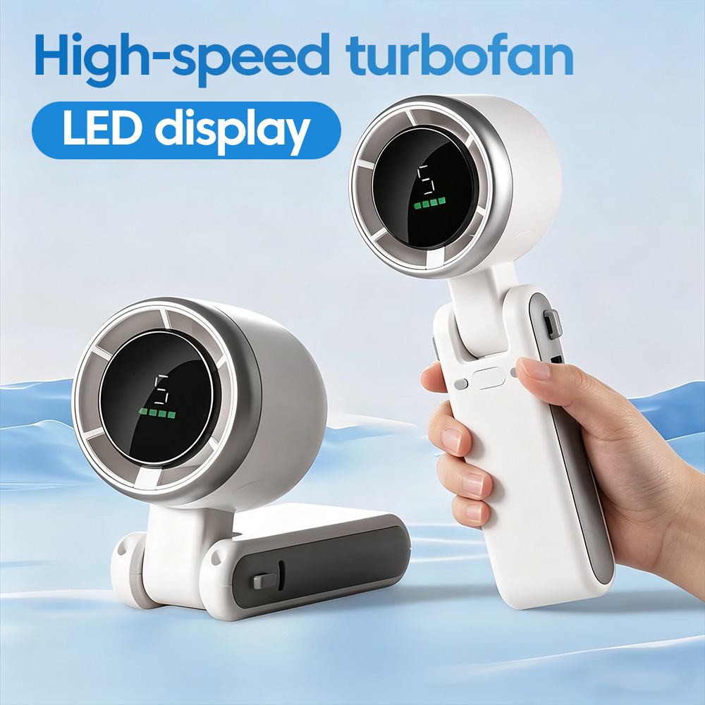 Ventilador de Mano Plegable con Puertos de Carga Tipo-C, Ventilador Eléctrico Portátil de Escritorio con 5 Niveles de Ajuste de Velocidad del Viento, Pantalla Digital y Cordón