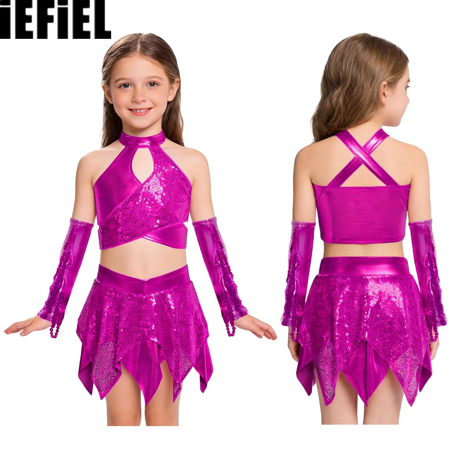 Kids Girls Sequined Jazz Dance Outfit Cross Keyhole Sparkly Sequins Metallic Crop Top with Asymmetric Skirt And Tassels Gloves