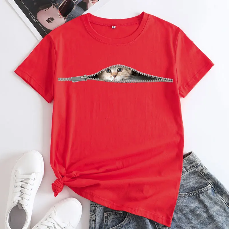 Bawełna 100% Plus Size Cat Print Modal Okrągły dekolt Koszulka damska z krótkim rękawem Topy Graficzne koszulki Odzież Oversize T Shirt