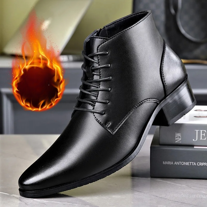 Herrenstiefel, modischer High-Top-Freizeitstiefel, spitze Spitze, Business-Lederstiefel für Herren, Plüsch, warme Winterstiefel, Schnür-Knöchelstiefel