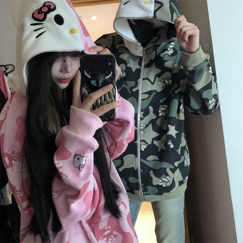 Y2K Hello Kittys Women Camouflage Yinlian Hooded Sweatshirt Anime Sanrios Autumn Winter Cotton Zipped Coat Couple Tops Casual