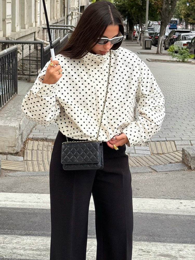 HH mode femmes à pois imprimé manteaux courts automne manches longues col roulé fermeture éclair avec poches cordon veste décontractée