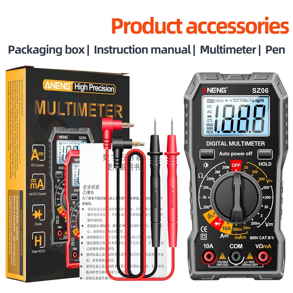 Digitales Multimeter, Spannungsprüfer, Voltmeter, SZ06, SZ308, TRMS, 2000, Zählungen, automatische Bereichswahl, Ohm, Volt, Amperemeter, Messung von AC/DC-Spannung