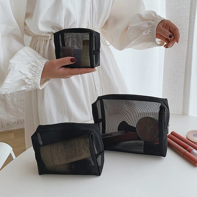 Nuevas bolsas de cosméticos transparentes de malla, bolsa de maquillaje negra transparente pequeña y grande, organizador de artículos de tocador de viaje portátil, bolsa de almacenamiento de lápiz labial