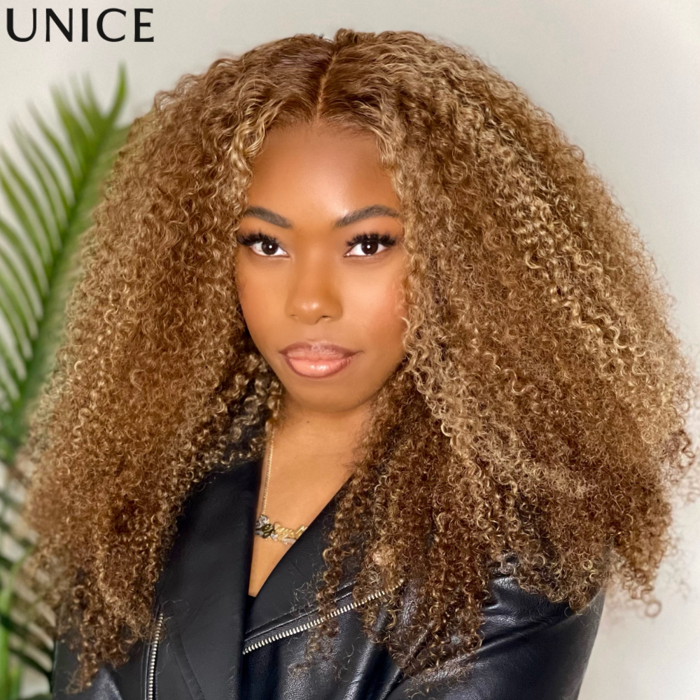Peruca Cacheada Kinky com Mechas Loiro Mel UNice e Peruca Cacheada Jerry Pré-Alongada 13x4 de Cabelo Humano com Renda Frontal em Promoção
