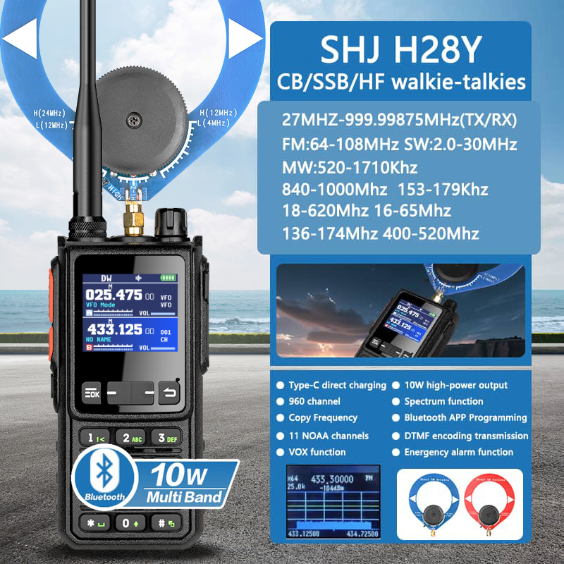 ​ Radio HF portátil SHJ H28Y |   10W de alta potencia |   Cobertura CB/SSB/HF |   960 canales |   Programación de frecuencia inalámbrica BT ​