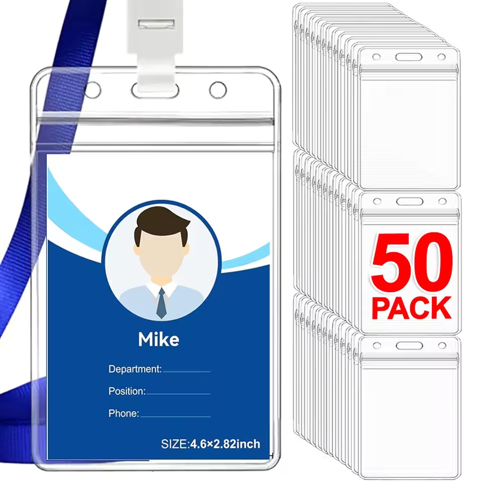 Porte-badge transparent pour nom et identification, étanche, épais, vertical, pour cartes de visite, avec fermeture à glissière refermable, 50/20/10 pièces