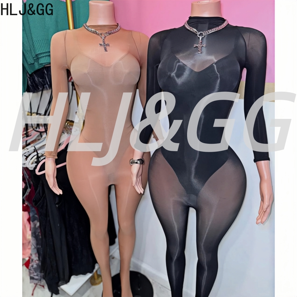 HLJ&GG セクシーなメッシュシースルーボディコンジャンプスーツとボディスーツスーツ女性長袖ストレッチ遊び着パーティーナイトクラブオーバーオール