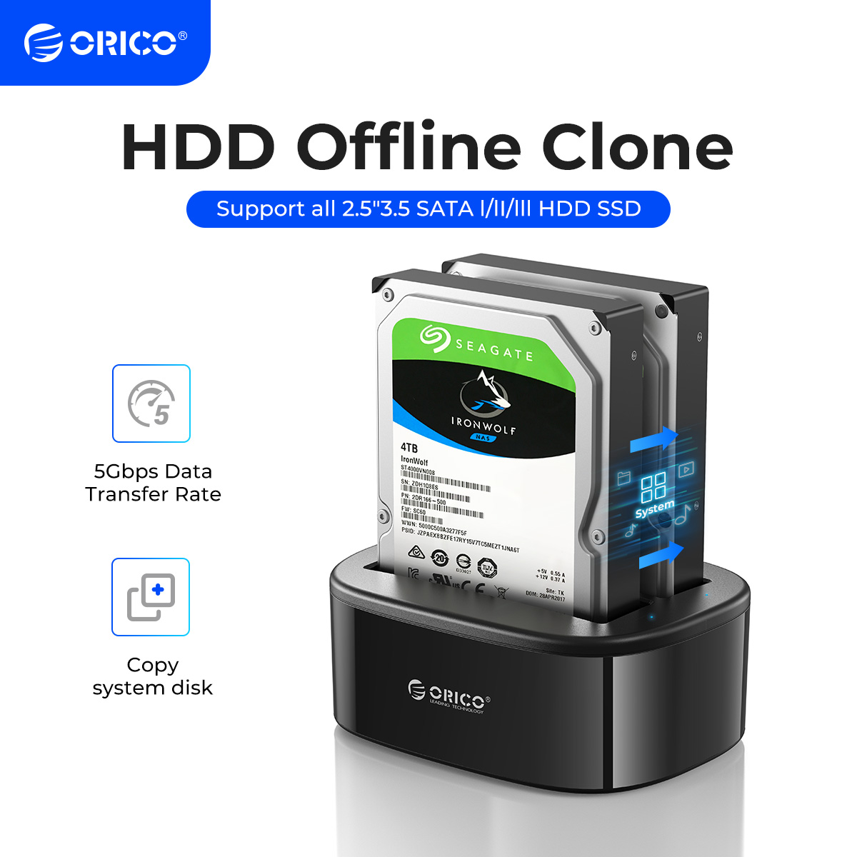 ORICO USB 3.0 a SATA de Doble Bahía de Disco Duro Estación de Acoplamiento para 2.5/3.5 pulgadas HDD/SSD con la Función Clone Offline [Protocolo UASP]