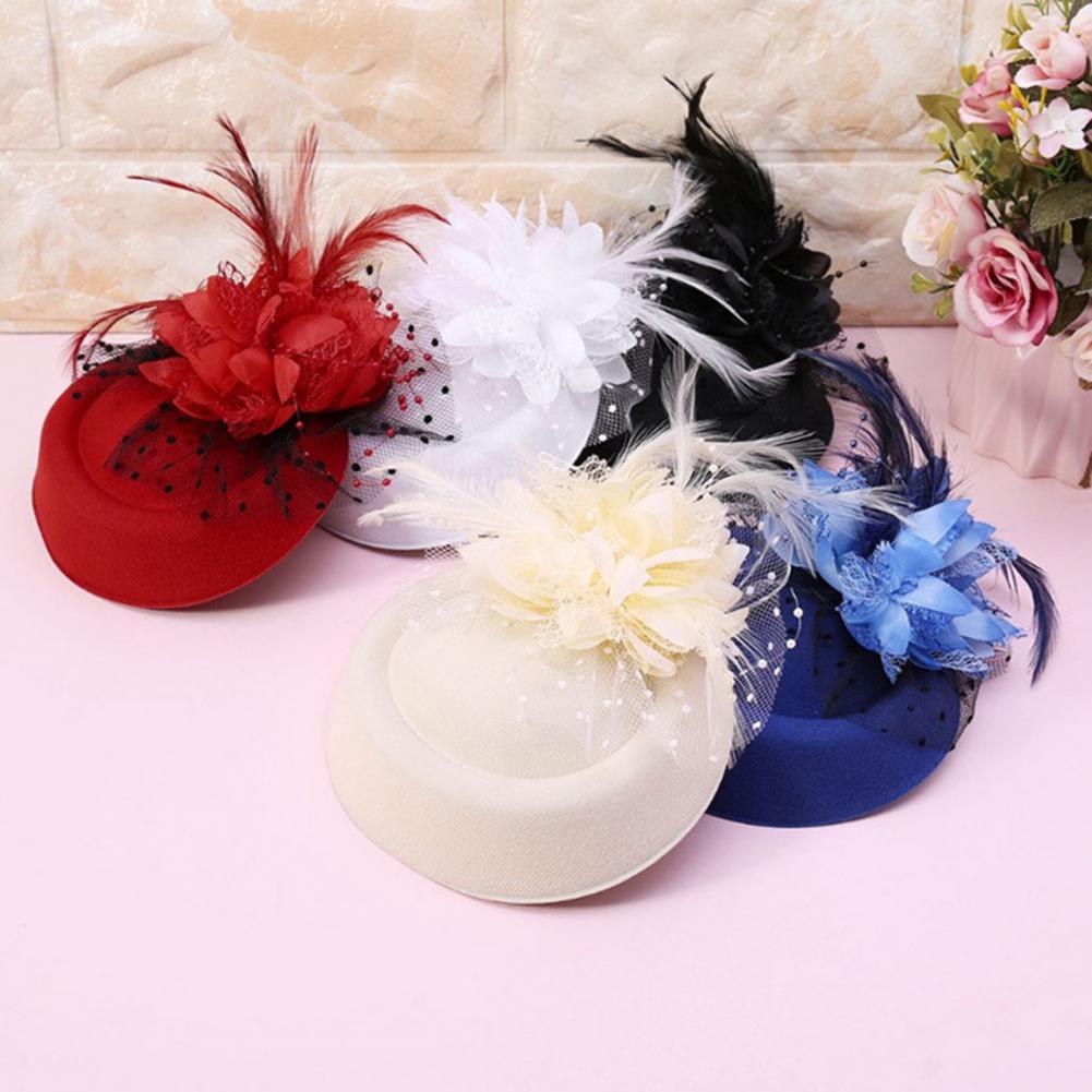 Faux lã flor Fascinator chapéu, elegante pena artificial, malha Cocktail Headwear, Headwear nupcial, moda casamento