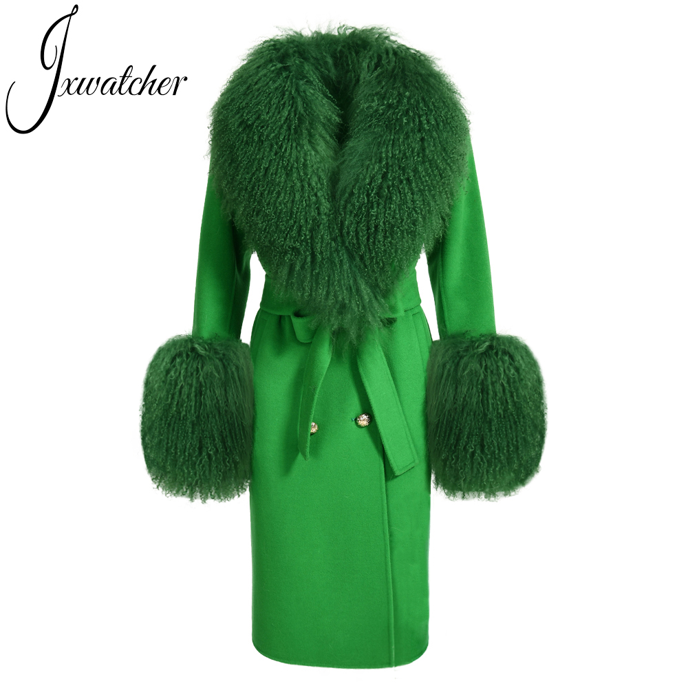 Jxwatcher Wolle Kaschmir Mantel Frauen Echte Mongolische Schafe Pelz Kragen Damen Doppelseitige Mäntel Gürtel Winter Herbst Lange Graben Jacke