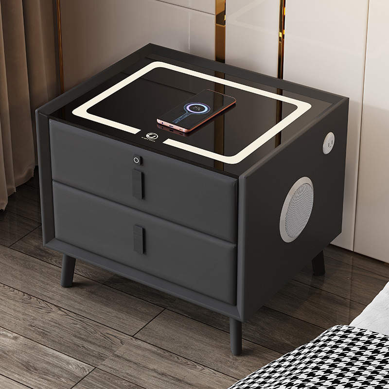 Mesita de noche inteligente de estilo nórdico con 2 cajones, mesitas de noche de cuero de 50cm con carga inalámbrica, armario lateral para el hogar con USB