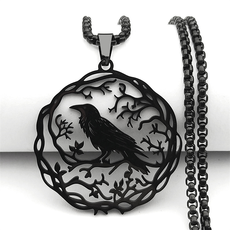 Oco corvo corvo pássaros pingente colar feminino masculino aço inoxidável cor preta amor flor da vida cavaleiro corrente jóias presentes