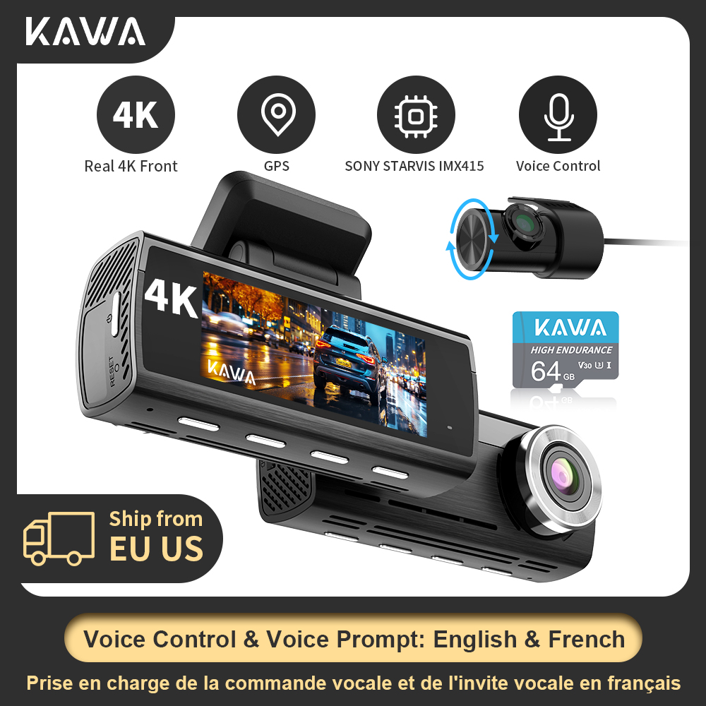KAWA Kamera samochodowa DVR 4K Kamera w samochodzie Rejestrator wideo Sony IMX415 Sterowanie głosowe GPS WiFi 24h Parking Statek z USA i UE