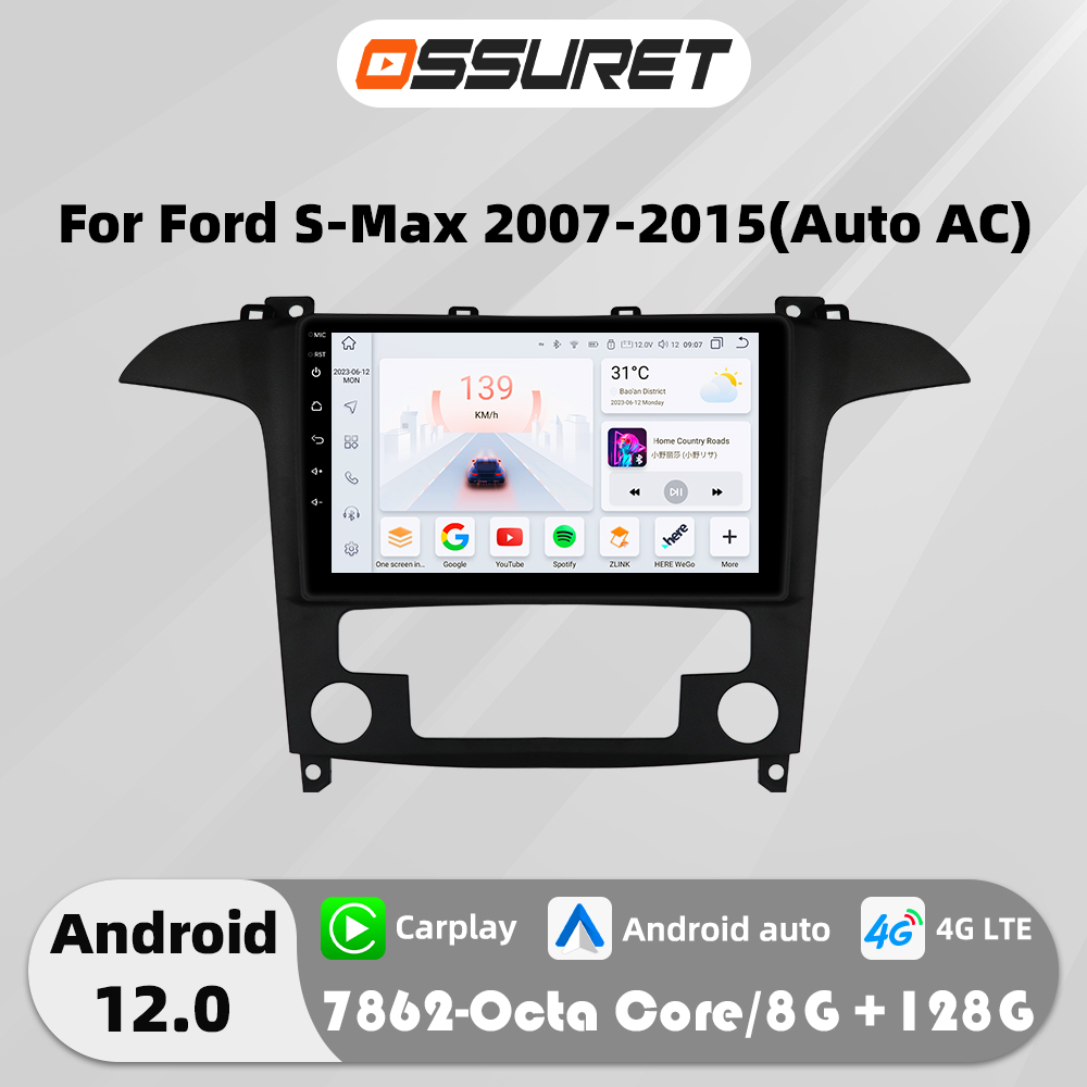 เครื่องเล่นวิดีโอมัลติมีเดียสำหรับรถยนต์ Ford 13 S-Max 2007-2015, เครื่องเล่นวิดีโอมัลติมีเดีย GPS Navi สเตอริโอ4G Wi-Fi CarPlay ระบบสัมผัส2DIN วิทยุอัตโนมัติ