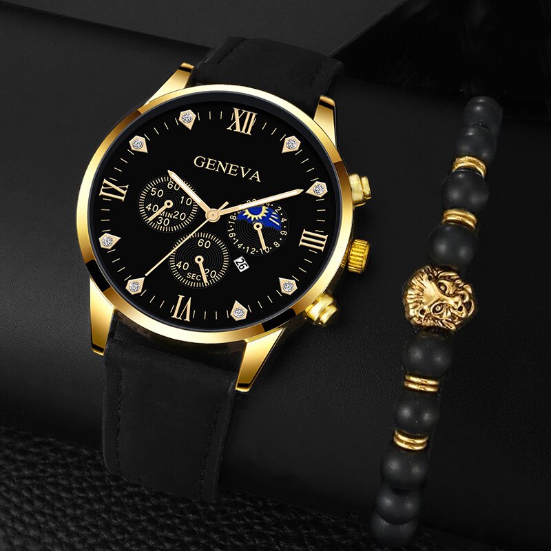 Conjunto com pulseira e relógio de quartzo de luxo masculino, moda empresarial, casual, ponteiro redondo, calendário, 2 peças