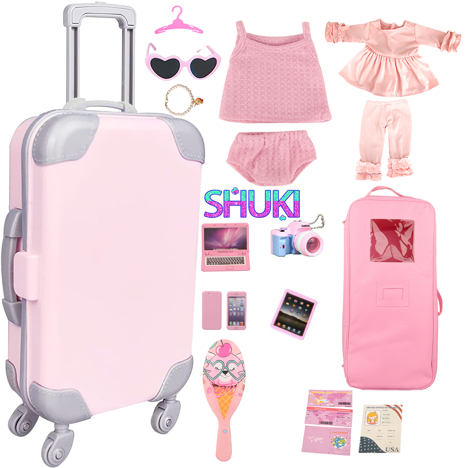 Acessórios de boneca série rosa, bolsa de boneca, caixa, roupas, pijama, computador, telefone para 18 tamanhos americanos e 43cm, bebê recém-nascido, boneca