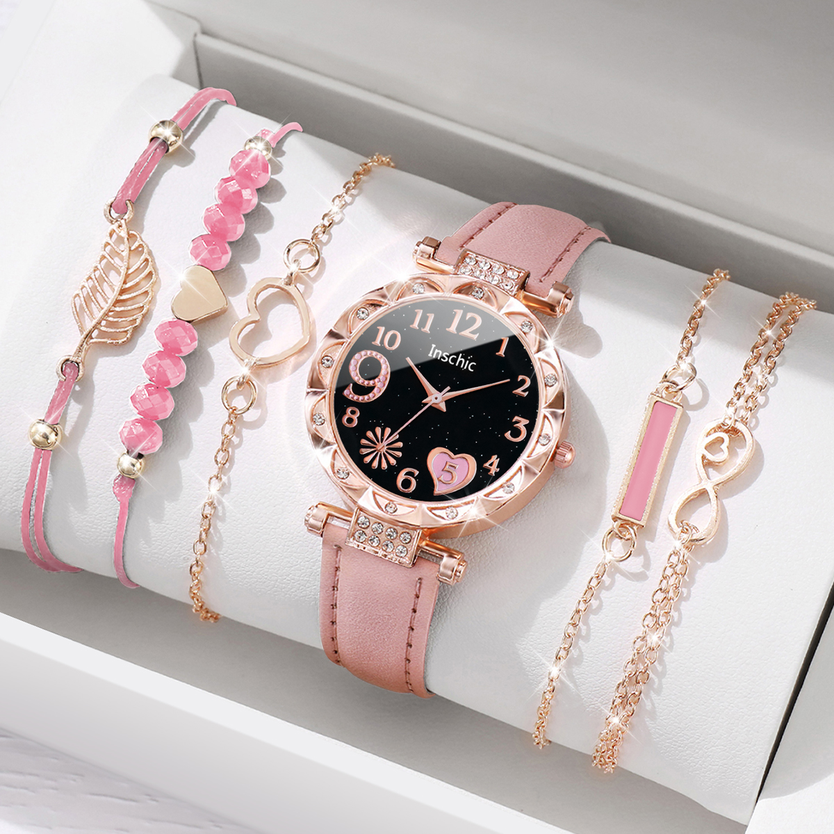 6 pçs/set moda coração dial relógio feminino casual pulseira de couro analógico relógio de quartzo folha pulseiras conjunto (sem caixa)