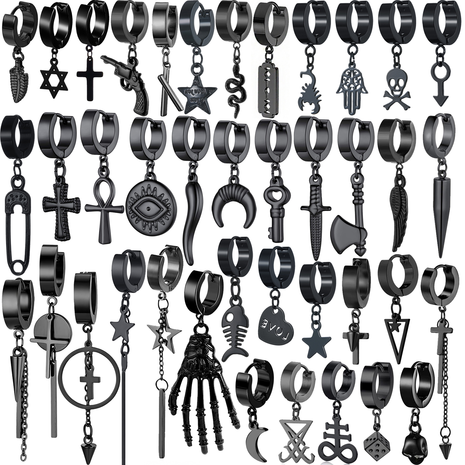 1 para 54 różne rodzaje kształt Unisex czarny kolor ze stali nierdzewnej dynda kolczyk do piercingu dla kobiet mężczyzn Punk Gothic kolczyki w kształcie obręczy