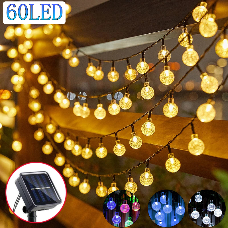 Guirnalda de luces LED con forma de globo de cristal Solar, 60 LED, 8 modos de iluminación IP65, guirnalda navideña para decoración de fiesta en el jardín, 1 ud./2 uds.