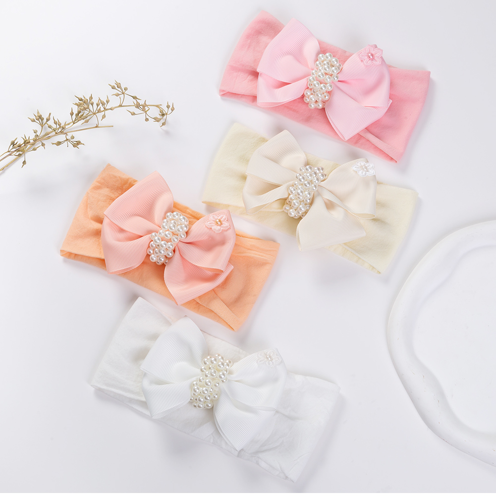 Diademas de nailon liso para bebé, cinta anudada con perlas, lazos para el pelo, diademas para recién nacidos, niños y niñas, accesorios para el cabello