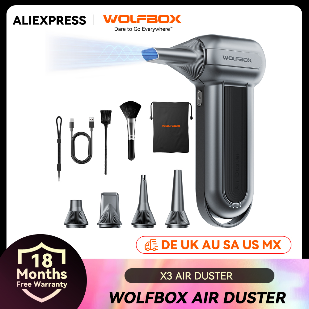 Soplador de aire eléctrico WOLFBOX MF100- 150000 RPM Super Power, motor sin escobillas recargable de 3 engranajes para coche/PC/hogar/exterior