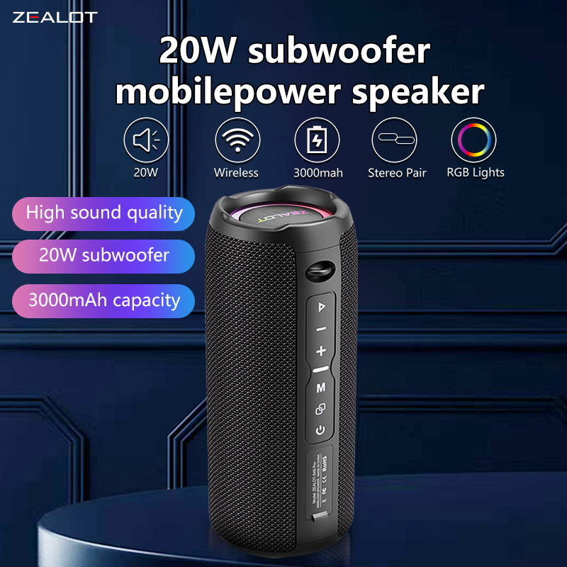 Zealot S49 Pro 20W Speaker Nirkabel, Lampu RGB Nirkabel Hifi Kualitas Suara, Peningkat Bass, Pemasangan Ganda, Baterai 3000mAh.
