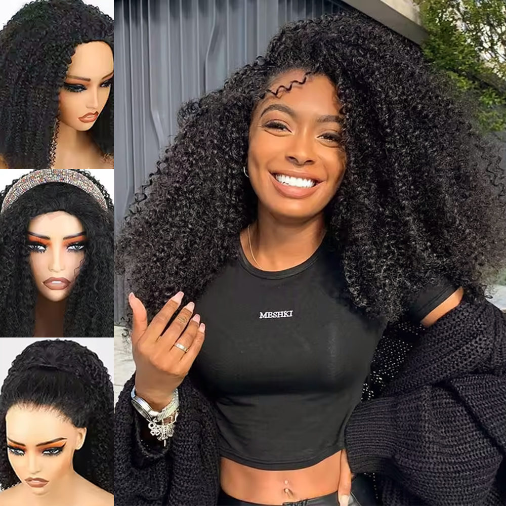 Perucas de Cabelo Humano Remy Cacheado Crespo com Faixa de Cabelo, Versão Aprimorada 3 EM 1, Meia Peruca com Cordão Ajustável, Perucas de Cabelo com Clipe Sem Costura, Densidade 200