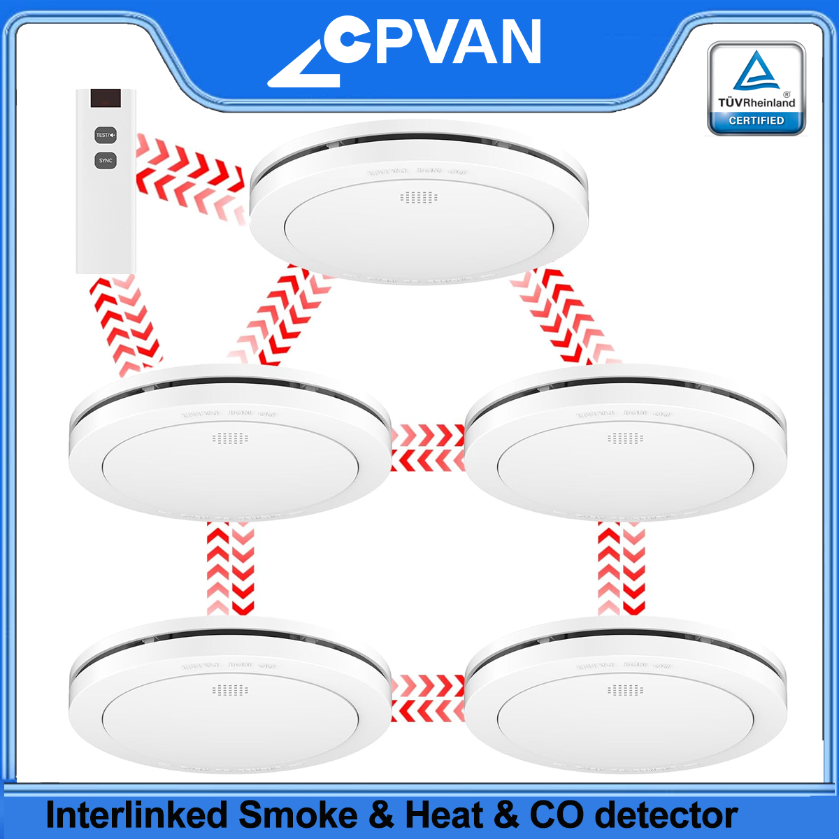 CPVAN 相互接続煙感知器 & 熱警報器 & 一酸化炭素警報器 10 年間バッテリー TÜV 認定ワイヤレス火災警報器