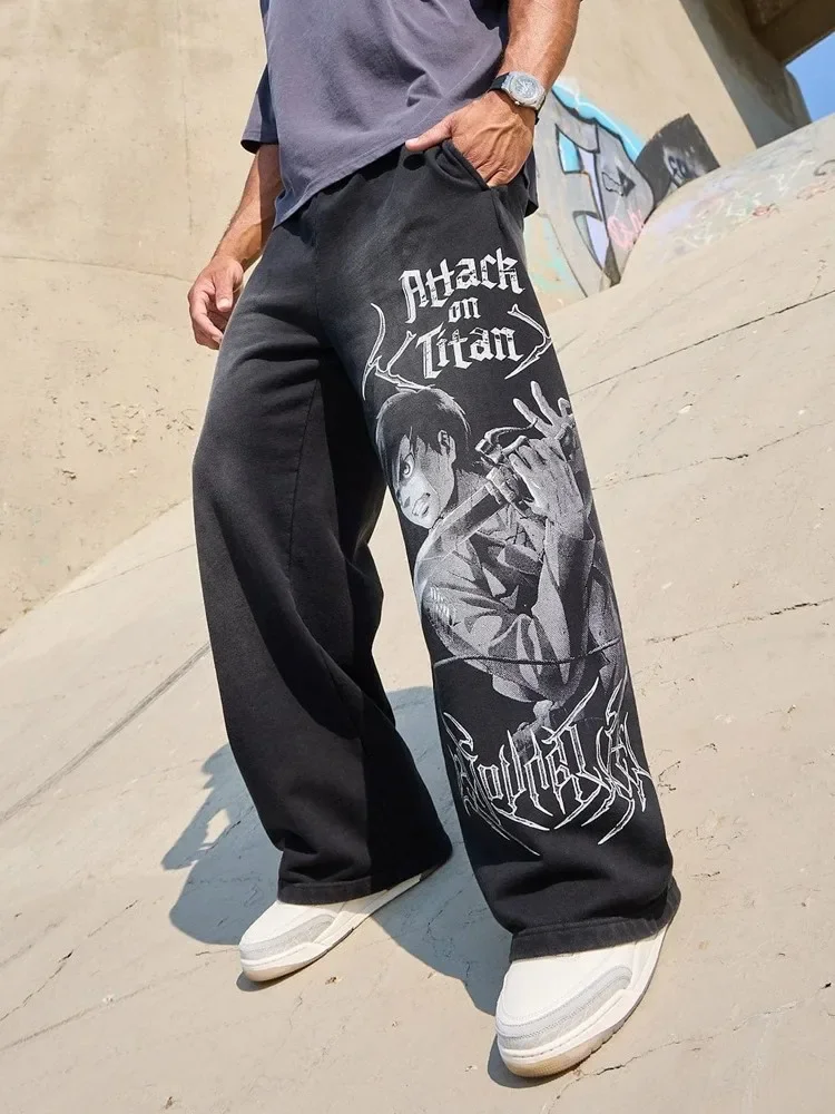 YOUNGLA Pantaloni a gamba larga con stampa di cotone e lana Attack on Titan Jogger americano