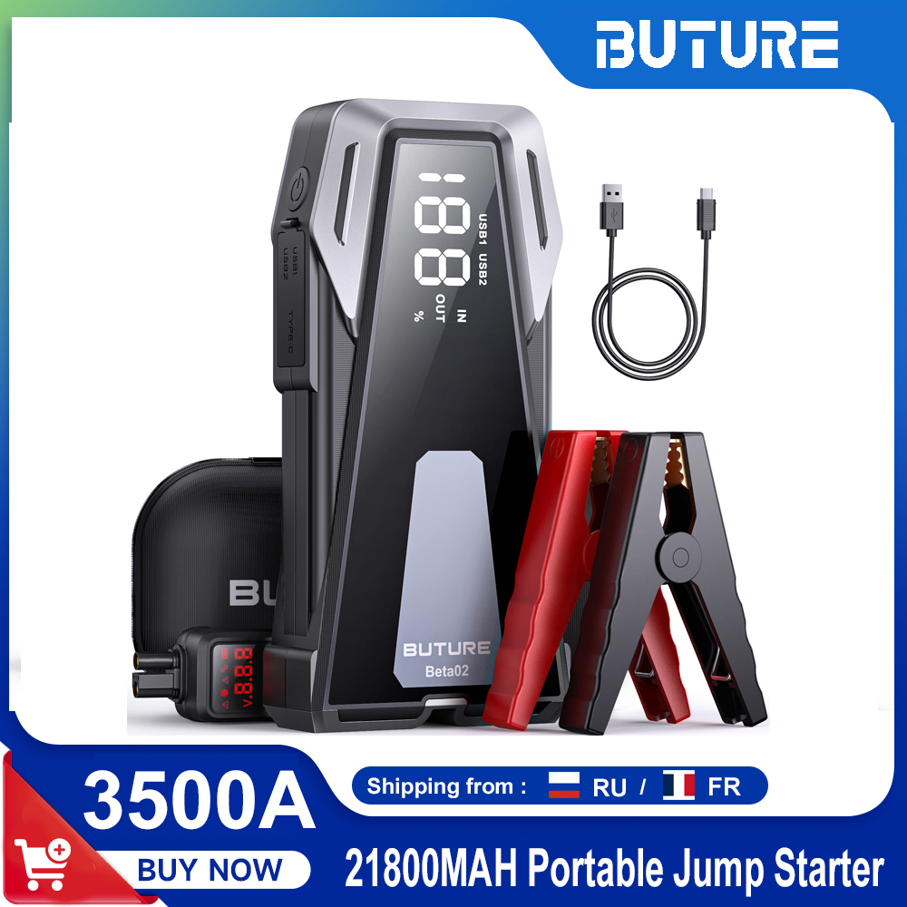 BuTure Booster Batterie Voiture,2500A, 21800MAH Portable Jump Starter à Essence Jusqu'à 8.5L Gas ou 8.0L Diesel, avec Grand Écran LCD, Démarrage de Voiture avec Lampe LED, Pinces de Sûreté