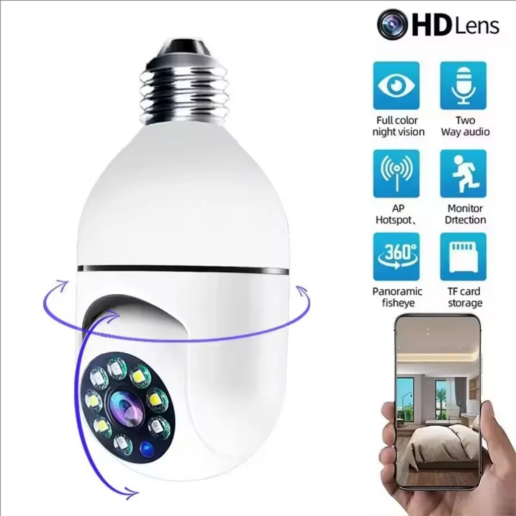 Cámara de Seguridad Exterior con Bombilla E27, Visión Nocturna Automática en Color, Detección de Movimiento Interior, Zoom de Enfoque, Cámara WiFi
