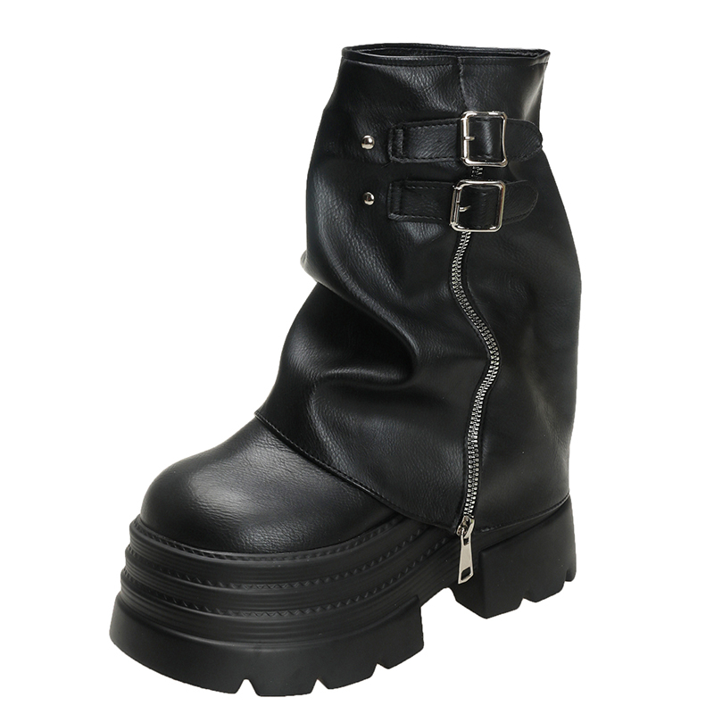 Bottes de neige courtes épaisses pour femmes, baskets en cuir mi-mollet, talons hauts, fourrure, chaud, moto, tendance, nouveau, hiver, 10cm