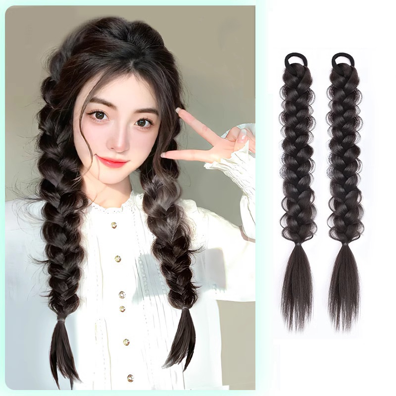 WIGSIN Synthetic 45cm Box Twist Braid Ponytail Hair Extension Cute Style Elastic Rubber Band Messy Fishbone Braid Hairpiece Wig