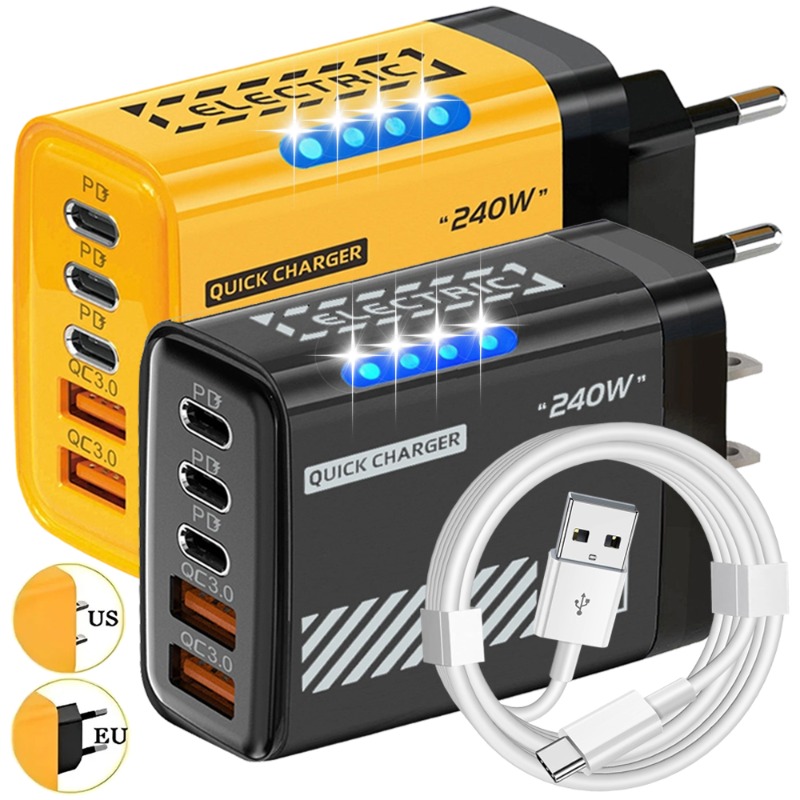 240W QC3.0 PD 5 Ports GaN Fast Charger US/EU Plug Phone Charging Head Adapter with LED Light for iPhone Samsung Huawei Xiaomi