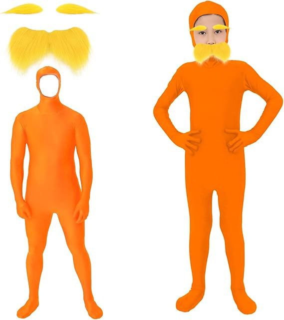 할로윈 파티 점프 슈트 오렌지 의상 노란색 콧수염과 눈썹 Baring Orange Bodysuit Masquerade Outfits for Kid and Adult