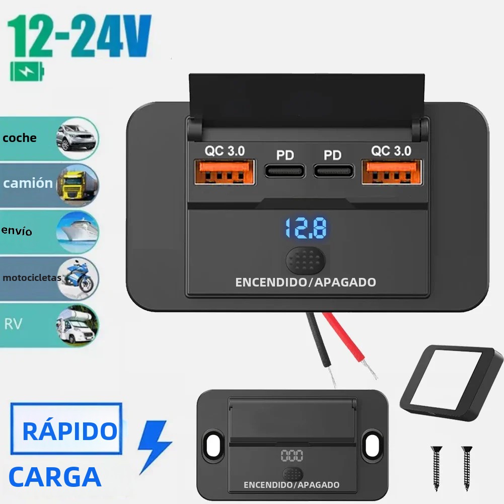 Adaptador de enchufe de cargador de coche con interruptor, divisor de carga de 2-4 puertos, salida para autobús, RV, ATV, camión, barco, salida, 12V, 24V, PD, QC3.0