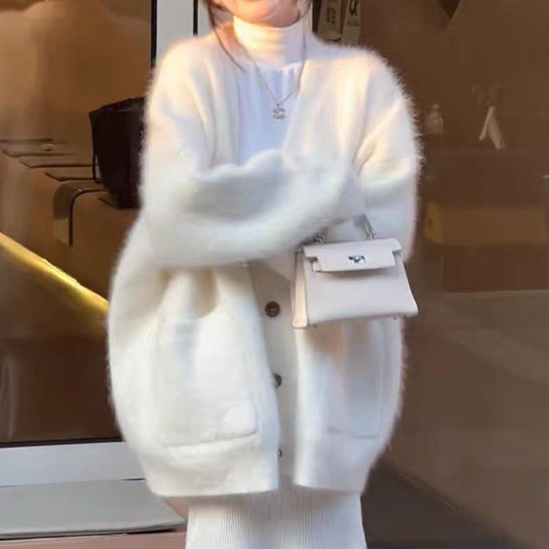 Jaket rajut wanita, kardigan Mink beludru imitasi putih, mantel Sweater Solid longgar Korea lembut wanita musim gugur 2023