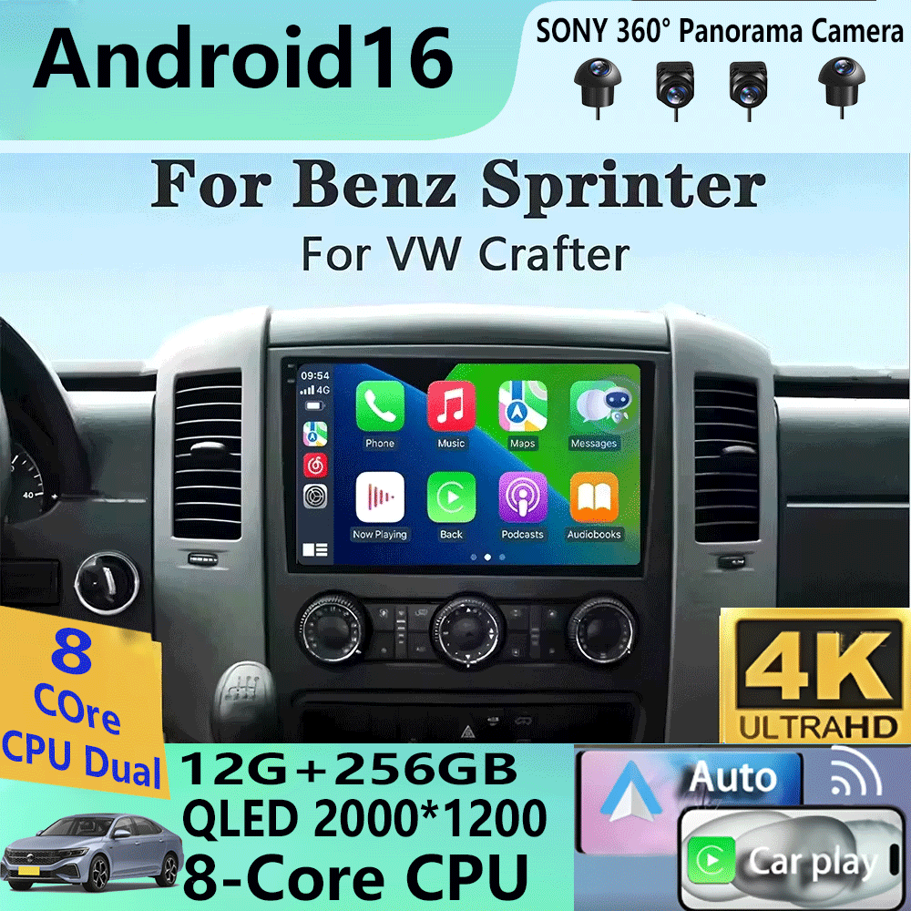 10' Android 16 autoradio multimediaspeler GPS stereo CarPlay+auto WIFI+4G DSP voor VW Crafter en Mercedes Benz Sprinter
