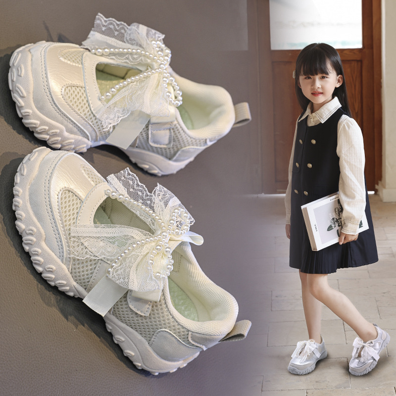 Sandalias ligeras antideslizantes para niños, zapatillas deportivas de verano para niñas, zapatos planos Mary Jane con encaje de perlas.